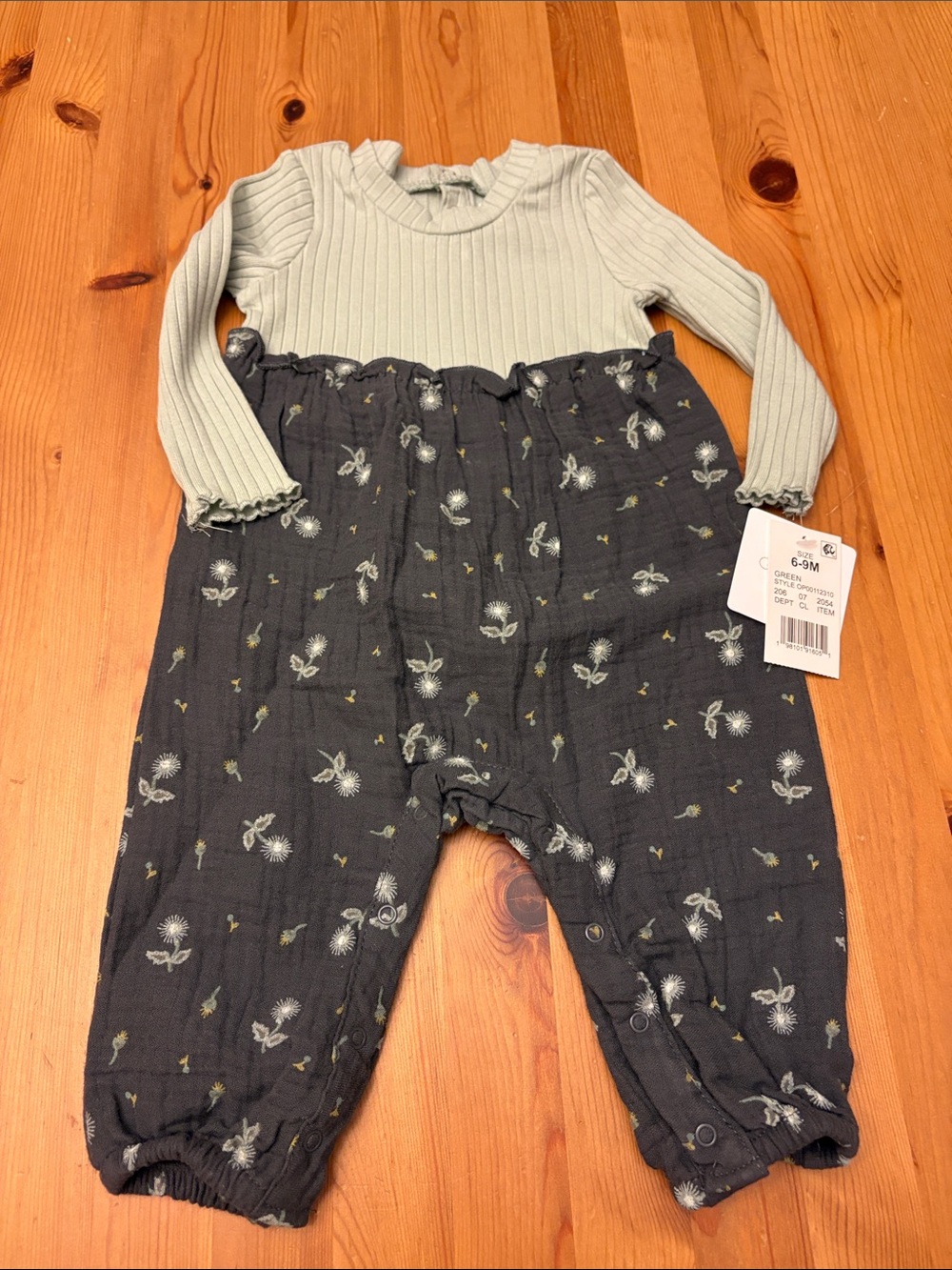 Long-Sleeve Two-Tone Floral Baby Romper - Sage Green and Charcoal